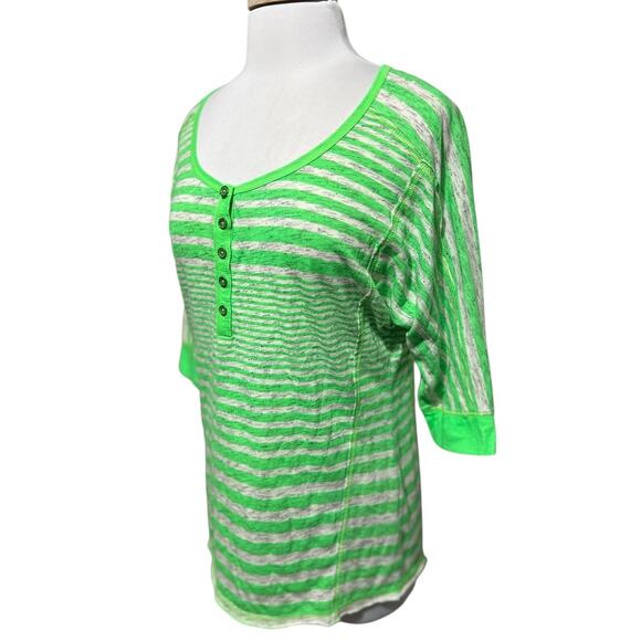 UnionBay Vtg Y2K Neon Green Stripe Henley 3/4 Sleeve Shirt Women's L - Picture 3 of 6